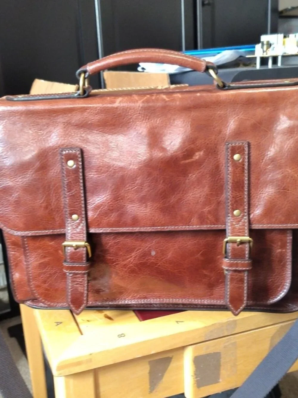 Fossil Men's Brown Leather Messenger Briefcase Bag Crossbody Laptop